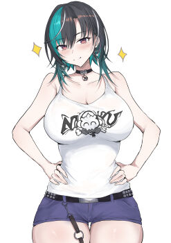 1girl black_choker black_hair blush breasts choker cleavage closed_mouth earrings green_streaks hands_on_own_hips highres hololive hololive_dev_is jewelry large_breasts looking_at_viewer mole mole_on_neck o-ring o-ring_thigh_strap purple_shorts red_eyes rindo_chihaya rindo_chihaya_(1st_costume) sakiya_(sak1_01) shirt shorts solo thigh_strap virtual_youtuber white_background white_shirt white_streaks