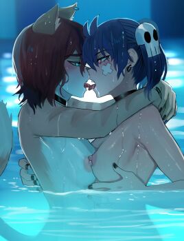 2girls aeiou_(yoako) animal_ear_fluff animal_ear_piercing animal_ears animal_nose bandaid bandaid_on_cheek bandaid_on_face black_choker black_hair black_nails blue_eyes blue_hair blush borrowed_character breast_press breasts cat_ears cat_girl cat_tail choker commentary completely_nude english_commentary french_kiss from_side furry furry_female furry_with_non-furry hair_between_eyes hair_ornament highres interspecies ji-yoon_(jourd4n) jourd4n kiss medium_breasts multicolored_hair multiple_girls nail_polish nipples nude open_mouth original pool power_symbol-shaped_pupils profile red_eyes red_hair short_hair short_twintails skull_hair_ornament symbol-shaped_pupils symmetrical_docking tail tongue tongue_out twintails two-tone_hair water water_drop wet wet_hair yuri