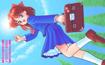 1girl ascot bbs_phone_number blue_jacket blue_skirt blue_sky bow briefcase brown_bag brown_shoes day foot_out_of_frame goto_p hair_bow hand_up holding holding_briefcase jacket layered_skirt loafers looking_at_viewer medium_hair open_mouth original outdoors pc-98_(style) red_ascot red_bow school_briefcase school_uniform shirt shoes sideways skirt sky smile socks solo standing standing_on_one_leg sun tree white_shirt white_socks