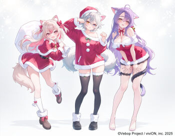 Rule 34 | 2025, 3girls, :d, ahoge, animal ear fluff, animal ears, bare legs, barefoot, bell, black boots, black thighhighs, blue eyes, blush, boots, bow, breasts, cat ears, cat girl, cat tail, cleavage, commentary request, copyright name, copyright notice, dog ears, dog tail, dress, fang, full body, fur-trimmed boots, fur-trimmed dress, fur-trimmed thighhighs, fur trim, futaai shia, hair between eyes, hands on own thighs, hands up, heterochromia, highres, holding, holding sack, kneehighs, knees, lace, lace-trimmed dress, lace thigh strap, lace trim, large breasts, leaning forward, long hair, looking at viewer, madoromi ichino, mole, mole under eye, multicolored hair, multiple girls, nail polish, neck bell, neck ribbon, nun 9, off-shoulder dress, off shoulder, open mouth, orange eyes, parted bangs, paw pose, pink eyes, purple hair, red bow, red dress, red ribbon, ribbon, sack, santa costume, santa dress, short dress, short hair, simple background, single off shoulder, smile, socks, standing, streaked hair, sukiyabashi renge, tail, thick eyebrows, thigh strap, thighhighs, thighs, toenails, tsurime, two side up, vebop project, virtual youtuber, white background, white hair, white socks, yellow eyes, zettai ryouiki