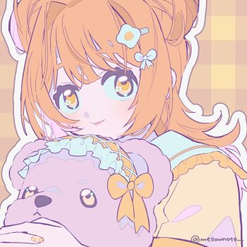 artist_name bow choppy_bangs closed_mouth eyelashes fingernails fried_egg frills hair_bow hair_ornament hairclip headdress highres indie_virtual_youtuber light_smile lips long_hair looking_at_viewer mellownote nail_polish orange_hair square stuffed_animal stuffed_toy teddy_bear twitter_username virtual_youtuber white_bow yellow_bow yellow_eyes yellow_nails