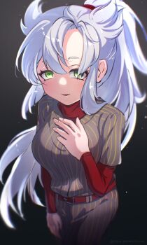 Rule 34 | 1girl, baseball uniform, belt, black background, black pants, black shirt, commentary request, from above, green eyes, hand on own chest, high ponytail, highres, jikkyou powerful pro yakyuu, long hair, looking at viewer, open mouth, pants, parmesan (zan parmesanne), ponytail, power pro appli, red belt, red shirt, sawatari shiori, shirt, shirt under shirt, solo, sportswear, striped clothes, striped pants, striped shirt, twitter username, vertical-striped clothes, vertical-striped pants, vertical-striped shirt, white hair