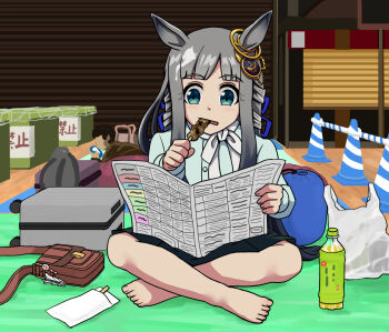 Rule 34 | 1girl, animal ears, bag, barefoot, black skirt, blue eyes, blue ribbon, blue shirt, blunt bangs, bottle, brown bag, casual, chrono genesis (casual) (umamusume), chrono genesis (umamusume), commentary, ear ornament, food, grey hair, hair ornament, hair ribbon, holding, holding food, holding newspaper, horse ears, horse girl, long hair, long sleeves, maruike (sekaijunoki110), newspaper, ribbon, shirt, sitting, skirt, solo, suitcase, umamusume, yakitori