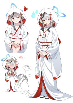 Rule 34 | 1boy, 1girl, absurdres, alternate costume, animal ears, black hair, blue archive, cawl, chinchilla ears, chinchilla girl, closed mouth, commentary, doodle sensei (blue archive), dress, english commentary, eyeshadow, gradient hair, grey hair, halo, highres, japanese clothes, jewelry, kimono, kokona (blue archive), lipstick, looking at viewer, makeup, multicolored hair, multiple views, obi, obiage, obijime, one eye closed, open mouth, red eyeshadow, red lips, red nails, red trim, ring, sandals, sash, sensei (blue archive), simple background, smile, standing, tabi, two-tone kimono, uchikake, wedding dress, wedding ring, white background, white kimono, yellow eyes, zouri