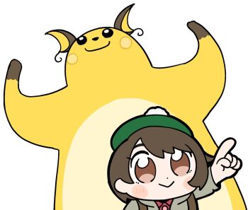1girl :> arms_up backpack bag bkub blush bob_cut brown_bag brown_eyes brown_hair commentary dot_nose dynamax eyelashes gen_1_pokemon gloria_(pokemon) green_headwear grey_jacket hat jacket light_blush nintendo pointing pokemon pokemon_(creature) pokemon_swsh quality raichu red_shirt shirt simple_background smile swept_bangs tam_o'_shanter white_background white_fur