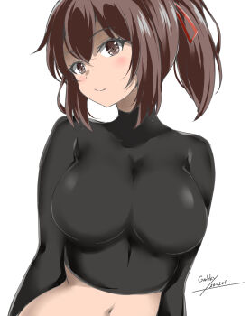 Rule 34 | 1girl, artist logo, black shirt, breasts, brown eyes, brown hair, commentary request, gakky, hair ribbon, highres, ise (kancolle), kantai collection, large breasts, logo, looking at viewer, midriff, one-hour drawing challenge, ponytail, ribbon, shirt, simple background, solo, upper body, white background
