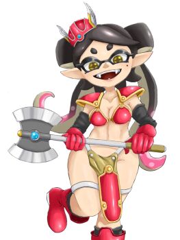 1girl armor axe battle_axe bikini_armor boots breasts callie_(splatoon) cleavage commentary_request cosplay dragon_quest dragon_quest_iii holding holding_axe holding_weapon inkling looking_at_viewer nintendo open_mouth sheoknight warrior_(dq3) solo splatoon_(series) tentacle_hair warrior_(dq3)_(cosplay) weapon
