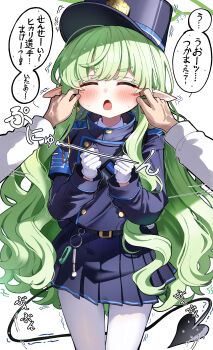1girl 1other absurdres armband belt blue_archive blue_armband blush cheek_pinching closed_eyes demon_tail facing_viewer fang gloves green_hair halo highres hikari_(blue_archive) long_hair long_sleeves open_mouth pantyhose pinching pointy_ears sak_(lemondisk) shirt simple_background skirt solo_focus speech_bubble sweat tail trembling very_long_hair white_background white_gloves white_pantyhose