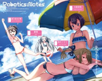barefoot beach beach_umbrella bikini black_bow black_hair blonde_hair blue_bikini blue_sky bow breasts brown_eyes brown_hair character_name cloud cloudy_sky collarbone copyright_name daitoku_junna day exhausted fist_bump flat_chest frilled_bikini frills fukuda_tomonori hair_between_eyes hair_bow koujiro_frau lap_pillow long_hair lying multiple_hair_bows navel nervous_sweating ocean official_art on_person on_side open_mouth outdoors robotics;notes science_adventure senomiya_akiho short_hair sidelocks sky small_breasts stomach sweat swimsuit twintails umbrella under_umbrella white_bikini yukifune_airi