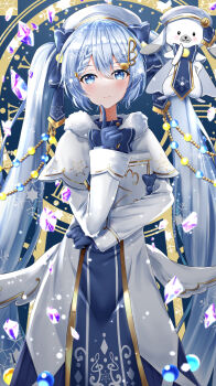 1girl absurdres animal beret blue_bow blue_eyes blue_gloves blue_hair blush book bow braid braided_bangs capelet closed_mouth clothed_animal commentary_request dress fur-trimmed_capelet fur_trim gloves hair_between_eyes hair_bow hair_ornament hand_up hat hatsune_miku highres itogari long_hair long_sleeves looking_at_viewer hugging_object rabbit rabbit_yukine roman_numeral sleeves_past_wrists smile snowflakes standing twintails very_long_hair vocaloid white_capelet white_dress white_headwear yuki_miku yuki_miku_(2021)