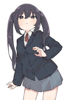 Rule 34 | 1girl, :o, absurdres, arm at side, black hair, black jacket, blazer, breasts, buttons, collared shirt, cowboy shot, double-parted bangs, furrowed brow, grey skirt, hair between eyes, hand up, highres, jacket, k-on!, leaning to the side, long hair, long sleeves, looking up, nakano azusa, neck ribbon, parted lips, pleated skirt, pocket, red ribbon, ribbon, sasakungoodsize, school uniform, shirt, sidelocks, simple background, skirt, small breasts, solo, standing, sweatdrop, tachi-e, twintails, white background, white shirt, wing collar