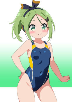 1girl 22/7 blue_one-piece_swimsuit breasts competition_swimsuit contrapposto covered_navel gradient_background green_background green_eyes green_hair hair_ribbon highleg highleg_one-piece_swimsuit kiryu_touko loli long_hair mizusaki_johnko one-piece_swimsuit ponytail ribbon small_breasts solo swimsuit