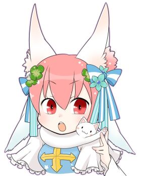 1girl animal animal_around_neck animal_ears arch_bishop_(ragnarok_online) blue_bow blue_dress blue_flower blush bow cat commentary_request cross dress flower fox_ears fox_girl frilled_dress frills hair_bow hair_flower hair_ornament looking_at_viewer oekakipikki official_alternate_costume open_mouth pink_hair ragnarok_online red_eyes short_hair simple_background solo two-tone_dress upper_body v-shaped_eyebrows white_background white_cat white_dress