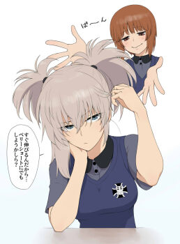 2girls blue_eyes blue_shirt blue_vest blush breasts brown_eyes brown_hair closed_mouth collared_shirt commentary_request girls_und_panzer grey_hair head_rest highres itsumi_erika medium_hair multiple_girls nishizumi_miho shirt short_hair short_sleeves simple_background smile speech_bubble translation_request two_side_up vest wata_do_chinkuru wavy_mouth white_background