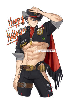 1boy abs absurdres ammunition_belt arm_up badge belt belt_buckle black_hair black_hat black_jacket black_pants blue_eyes boothill_(honkai:_star_rail) boothill_(honkai:_star_rail)_(cosplay) brown_belt buckle bullet cape closed_mouth commentary cosplay cowboy_hat cowboy_shot cropped_jacket cropped_legs dandanbiart ear_piercing earrings english_commentary facial_scar genshin_impact grey_hair hair_between_eyes hand_on_headwear happy_halloween hat hat_feather hat_over_one_eye highres honkai:_star_rail honkai_(series) jacket jewelry looking_at_viewer male_focus mihoyo multicolored_hair multiple_scars navel nipples one_eye_covered pants parted_bangs pectorals piercing red_cape scar scar_on_arm scar_on_cheek scar_on_face scar_on_stomach sheriff_badge short_hair short_sleeves simple_background sleeve_cuffs smile smirk solo standing stomach streaked_hair stud_earrings thigh_belt thigh_strap white_background wriothesley_(genshin_impact) zipper zipper_pull_tab