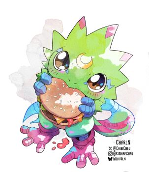 Rule 34 | artist name, burger, chibicheu, crescent, crescent facial mark, digimon, digimon (creature), digimon beatbreak, eating, facial mark, food, gecko, gekkomon, looking at viewer, signature, twitter username