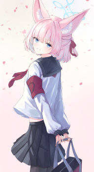 1girl :d aki_tsune animal_ear_fluff animal_ears armband arms_behind_back backlighting bag black_pantyhose black_sailor_collar black_skirt blue_archive blue_eyes blue_halo blush commentary cowboy_shot eyelashes eyes_visible_through_hair falling_petals fox_ears fox_girl from_behind gradient_background grin hair_ribbon half_updo halo happy highres holding holding_bag long_sleeves looking_at_viewer looking_back medium_hair midriff miniskirt neckerchief niko_(blue_archive) open_mouth outdoors pantyhose petals pink_background pink_hair pleated_skirt ponytail red_armband red_neckerchief red_ribbon ribbon sailor_collar school_uniform serafuku shirt short_ponytail simple_background skirt smile solo v_arms white_background white_shirt