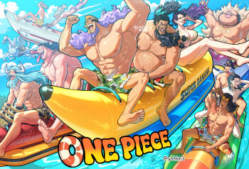 1girl 6+boys abs adjusting_eyewear animal aokiji_(one_piece) aqua_hair arm_hair armpits arms_up avalo_pizarro banana_boat barefoot bead_necklace beads beard behind_another belly bikini black_facial_hair black_hair breasts burn_scar catarina_devon chest_hair closed_eyes copyright_name day doc_q earrings excited eyewear_on_head facial_hair floating_hair full_beard gauntlets giant giant_male grey_hair grin hand_on_eyewear hat height_difference highres hoop_earrings horns huge_breasts ice inflatable_raft jesus_burgess jewelry lafitte_(one_piece) large_pectorals leg_hair long_beard long_hair long_nose looking_at_another male_focus male_swimwear marshall_d._teach mask missing_tooth multiple_boys muscular muscular_male mustache navel neck_piercing necklace nipples on_banana one_eye_closed one_piece open_mouth outdoors pale_skin pectorals pegasus piercing prosthesis prosthetic_leg purple_facial_hair purple_hair riding sanjuan_wolf scar scar_on_arm scar_on_chest shiryuu_(one_piece) size_difference smile stomach stronger_(one_piece) summer sunglasses swimsuit tan toes twitter_username van_augur vasco_shot very_long_hair water wings youkan_(tako)
