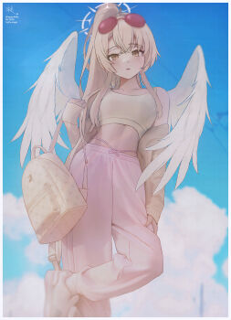 1girl absurdres alternate_costume alternate_hairstyle backpack bag bare_shoulders blonde_hair blue_archive brown_jacket commentary eyewear_on_head feathered_wings halo highres holding holding_bag hyperlin3x jacket long_hair midriff nagisa_(blue_archive) open_clothes open_jacket pants parted_lips pink_pants ponytail red-framed_eyewear red-tinted_eyewear solo sports_bra sunglasses tinted_eyewear very_long_hair white_halo white_sports_bra white_wings wings yellow_bag yellow_eyes