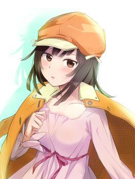 Rule 34 | 1girl, arm at side, bakemonogatari, blush, breasts, brown eyes, brown hair, brown hat, brown jacket, choppy bangs, collarbone, colored shadow, commentary, curled fingers, drop shadow, hand up, hat, highres, jacket, jacket on shoulders, long sleeves, looking at viewer, medium hair, monogatari (series), newsboy cap, parted lips, pink ribbon, pink shirt, ribbon, sengoku nadeko, shadow, shirt, small breasts, solo, upper body, wata mahoro, white background