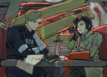 1boy 1girl ada_wong bandaged_arm bandages blue_shirt bulletproof_vest coat commentary_request dinner duster_coat highres korean_commentary leon_s._kennedy looking_at_another police police_uniform resident_evil resident_evil_2 resident_evil_2_(remake) restaurant shirt table zomsunit_t
