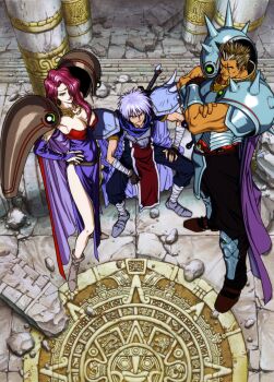 1990s_(style) 1girl 2boys armor armored_boots bami_(ys) bandaged_leg bandages blue_cape boots bracer breastplate breasts bridal_gauntlets brown_hair cape cleavage crossed_arms fantasy fingerless_gloves from_above gadis_(ys) gloves grey_hair gruda_(ys) hair_over_one_eye hand_on_own_hip highres houtani_yukitoshi large_breasts long_hair looking_at_viewer multiple_boys non-web_source official_art pauldrons pelvic_curtain pillar purple_cape red_hair retro_artstyle ruins sheath sheathed short_hair shoulder_armor sitting smile spiked_pauldrons standing sword weapon ys ys_iv_dawn_of_ys