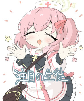 1girl :d bag black_bow black_skirt blue_archive blush bow closed_eyes dress facing_viewer frilled_skirt frills hands_up hat highres long_sleeves miranofuudoria nurse_cap one_side_up open_mouth pink_hair pleated_skirt puffy_long_sleeves puffy_sleeves sailor_collar serina_(blue_archive) shoulder_bag simple_background skirt small_sweatdrop smile solo sweat translation_request white_background white_dress white_hat white_sailor_collar