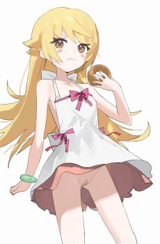 1girl bandaid bandaid_on_pussy blonde_hair blush_stickers donut dress food highres loli long_hair measho monogatari_(series) no_panties oshino_shinobu simple_background solo white_background