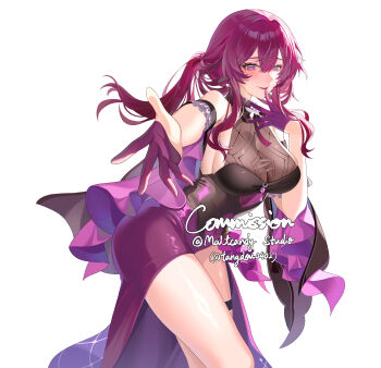 1girl absurdres bare_shoulders black_dress blush breasts commission cowboy_shot dress highres honkai:_star_rail honkai_(series) kafka_(honkai:_star_rail) large_breasts long_hair purple_eyes purple_hair see-through_clothes solo tangdou0402