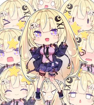 >_< 1girl :d :q :t @_@ ^_^ absurdres bag black_boots black_jacket black_necktie blonde_hair blush blush_stickers boots breasts chibi closed_eyes closed_mouth collared_shirt commentary_request commission copyright_request crescent crescent-shaped_pupils crescent_hair_ornament hair_intakes hair_ornament hairclip hands_up highres jacket large_breasts long_hair long_sleeves milkpanda multiple_views navel necktie nose_blush open_clothes open_jacket open_mouth pink_shirt plaid_clothes plaid_skirt pleated_skirt puffy_long_sleeves puffy_sleeves purple_eyes purple_skirt purple_socks ribbed_socks shirt short_eyebrows shoulder_bag single_fishnet_legwear single_sock single_thighhigh skeb_commission skirt sleeves_past_wrists smile socks solid_oval_eyes standing star_(symbol) symbol-shaped_pupils thick_eyebrows thighhighs tongue tongue_out very_long_hair wavy_mouth x_hair_ornament