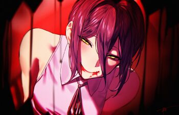 1girl blood blood_on_face chainsaw_man closed_mouth collared_shirt green_eyes hair_between_eyes highres neck_ribbon pink_shirt purple_hair purple_ribbon reze_(chainsaw_man) ribbon shirt sleeveless sleeveless_shirt smile solo tomitacchi