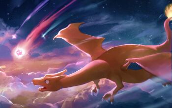 above_clouds charizard cloud flying gen_1_pokemon gen_7_pokemon meteor midair minior night nintendo no_humans outdoors pokemon pokemon_(creature) rat_chuuu sky star_(sky)