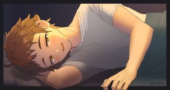 1boy arm_support attakaionaka backlighting black_border border brown_eyes brown_hair casual covered_pectorals ensemble_stars! half-closed_eyes hand_on_bed head_on_pillow lying male_focus on_bed on_side outside_border pectorals pillow pov_across_bed pov_adoring shirt short_bangs short_sleeves smile solo t-shirt teeth tenma_mitsuru thick_eyebrows under_covers upper_teeth_only white_shirt