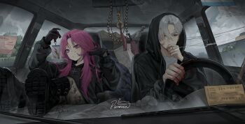 1boy 1girl absurdres black_boots blood blood_on_clothes blood_on_face blood_on_hands boots car car_interior car_seat commission driving goth_fashion grey_eyes grey_hair grey_sky highres indoors k_hottok long_hair looking_at_reflection looking_to_the_side messy_room motor_vehicle original pink_eyes pink_hair right-hand_drive short_hair sky smoking steering_wheel white_hair