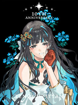 1girl anniversary bare_shoulders black_background black_eyes black_hair blue_flower blue_hair blunt_bangs blunt_ends bow character_name chinese_commentary choker colored_inner_hair commentary_request detached_sleeves dress earrings english_text facial_mark fate/grand_order fate_(series) flower gloves green_choker hair_bow hair_ornament half_gloves hand_in_own_hair hand_up jewelry long_hair looking_at_viewer mark_under_both_eyes multicolored_hair parted_lips red_gloves simple_background sleeveless sleeveless_dress smile solo star_(symbol) starshadowmagician streaked_hair tenochtitlan_(celebratory_attire)_(fate) tenochtitlan_(fate) three-quarter_sleeves upper_body white_bow white_dress