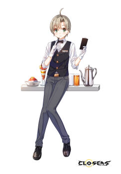 1boy ahoge badge belt black_belt black_bow black_bowtie black_footwear black_vest blush bow bowl bowtie clipboard closed_mouth closers coffee_pot collared_shirt copyright_name cup drinking drinking_glass food full_body gloves green_eyes grey_hair grey_pants hands_up highres holding holding_clipboard holding_pen knees_together_feet_apart logo looking_at_viewer male_focus mistilteinn_(closers) official_art oxfords pants pen pen_to_mouth shaved_ice shelf shirt short_hair three-quarter_sleeves solo standing tachi-e traditional_bowtie vest waistcoat waiter white_background white_gloves white_shirt