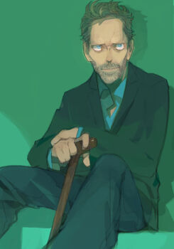 Rule 34 | 1boy, amiami, bags under eyes, beard, blazer, blue eyes, blue shirt, brown hair, cane, collar, crossed arms, denim, facial hair, formal clothes, green background, gregory house, holding, holding cane, house m.d., jacket, jeans, looking at viewer, male focus, mustache, pants, shadow, shirt, short hair, sitting, stubble, suit