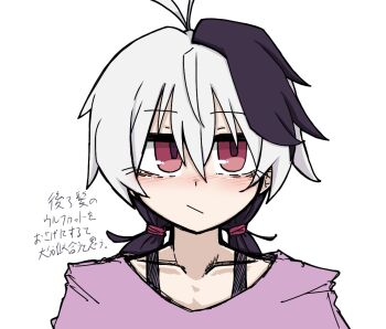 Rule 34 | 1204enbi, 1girl, ahoge, alternate hairstyle, bags under eyes, blush, closed mouth, collarbone, commentary request, expressionless, flower (vocaloid), flower (vocaloid4), jitome, looking to the side, low twintails, medium hair, multicolored hair, pink eyes, purple hair, purple shirt, shirt, simple background, solo, streaked hair, tomboy, translation request, twintails, two-tone hair, vocaloid, white background, white hair