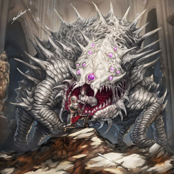 1boy 1girl animal armor ars_goetia body_horror breastplate breasts creature creature_focus demon demon_girl drill_hair eldritch_abomination extra_eyes full_armor gauntlets giant giant_monster gloves greaves helm helmet highres holding horns horror_(theme) knight long_hair long_sleeves looking_at_viewer madowl marbas_(ars_goetia) medieval monster open_mouth oversized_animal pauldrons pink_hair plate_armor pointy_ears shoulder_armor smile sword tail too_many_eyes weapon