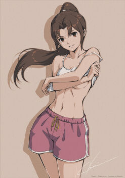 absurdres breasts brown_background brown_eyes brown_hair cowboy_shot fatal_fury gym_shorts highres long_hair medium_breasts navel parted_lips ponytail red_shorts shadow shiranui_mai shorts smile stomach tank_top tyanoki undressing white_tank_top