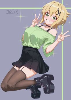1girl absurdres akatsuki_kirika ankle_boots artist_name bare_shoulders black_boots black_choker black_skirt black_thighhighs blonde_hair bob_cut boots breasts choker commentary_request crossed_bangs double-parted_bangs double_v full_body garter_straps green_eyes green_nails green_shirt grey_background grin hair_between_eyes hair_ornament hair_tie highres jojie jumping large_breasts looking_at_viewer nail_polish off-shoulder_shirt off_shoulder platform_boots senki_zesshou_symphogear shirt shirt_tucked_in short_hair simple_background skirt smile solo sparkle thighhighs v x_hair_ornament