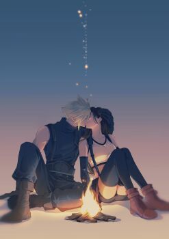 1boy 1girl armor bare_shoulders black_gloves black_hair black_skirt black_thighhighs blonde_hair boots breasts brown_boots campfire closed_eyes cloud_strife collarbone commentary_request couple crop_top earrings elbow_gloves embers final_fantasy final_fantasy_vii final_fantasy_vii_rebirth final_fantasy_vii_remake fire gloves gradient_background hand_on_another's_head hetero highres jewelry kiss knee_up knees_up long_hair medium_breasts miniskirt mixmomo_yah red_boots short_hair shoulder_armor single_bare_shoulder sitting skirt sleeveless sleeveless_turtleneck spiked_hair suspender_skirt suspenders sweater tank_top thighhighs tifa_lockhart turtleneck turtleneck_sweater white_tank_top