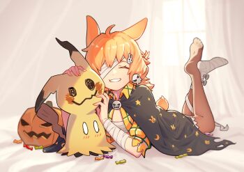 1girl absurdres animal_ears arknights bandage_over_one_eye bandaged_arm bandaged_foot bandages barefoot black_cape blonde_hair cape closed_eyes feet fingernails full_body gen_7_pokemon hair_ornament highres jack-o&#039;-lantern jacket kroos_(arknights) kroos_(the_mag)_(arknights) lying medium_hair mimikyu nail_polish nintendo no_shoes official_alternate_costume on_stomach one_eye_covered open_clothes open_jacket petting pokemon pokemon_(creature) rabbit_ears rabbit_girl rabbit_tail rongyuanfeida sarashi skull_hair_ornament smile soles solo tail toes yellow_jacket yellow_nails