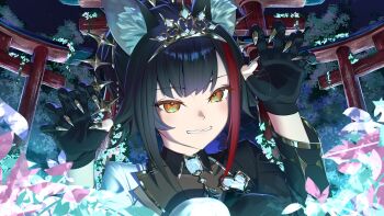 1girl animal_ear_fluff animal_ears arms_up black_gloves black_hair black_jacket claw_pose commentary_request daichi_lds gloves gold_tiara heart-shaped_gem highres hololive jacket looking_at_viewer medium_hair multicolored_hair multicolored_jacket multiple_torii night official_alternate_costume official_alternate_hairstyle ookami_mio ookami_mio_(our_sparkle) outdoors partially_fingerless_gloves ponytail portrait red_hair sidelocks smile solo split-color_clothes streaked_hair tiara torii two-tone_jacket virtual_youtuber white_jacket white_mouth wolf_ears wolf_girl yellow_eyes