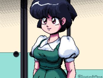 Rule 34 | 1girl, black hair, blue hair, brown eyes, closed mouth, commentary, dress, english commentary, faux retro artstyle, fuurinkan high school uniform, green dress, highres, illusionofmana, indoors, pc-98 (style), pixel art, ranma 1/2, school uniform, short hair, smile, solo, tendou akane, upper body