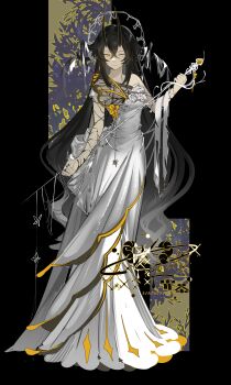 1girl :/ absurdres analog_clock animal_print back_bow bandaged_wings bandages black_background black_hair black_horns bow butterfly_print chinese_commentary clock clock_halo closed_mouth commission cracked_skin crossed_bangs double-parted_bangs dress expressionless flower flower_to_mouth freeze_(867139) full_body gem gradient_hair grey_hair hair_between_eyes halo head_wings heterochromia highres holding holding_sword holding_weapon horns leaf long_dress long_hair looking_at_viewer mole mole_above_eye mole_under_eye multicolored_hair original rapier rose sidelocks single-shoulder_dress single_bare_shoulder skeletal_wings solo standing string sword very_long_hair watermark wavy_hair weapon white_bow white_eyes white_flower white_halo white_rose wings yellow_background yellow_eyes yellow_flower yellow_gemstone