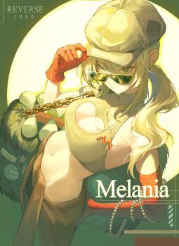 1girl absurdres alternate_costume bag blonde_hair breasts newsboy_cap cleavage_cutout clothing_cutout crop_top gloves grey_hat haewoo-b hat highres hip_bones jewelry medium_breasts melania_(reverse:1999) navel necklace pearl_necklace red_gloves reverse:1999 solo stomach sunglasses sweat sweatdrop yellow-framed_eyewear