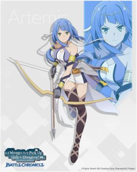 1girl anime_coloring armlet armor arrow_(projectile) artemis_(danmachi) bare_shoulders blue_dress blue_hair boots bow_(weapon) bracer braid breasts brown_boots character_name circlet closed_mouth commentary copyright_name copyright_notice criss-cross_halter danmachi_battle_chronicle dress dungeon_ni_deai_wo_motomeru_no_wa_machigatteiru_darou_ka english_commentary faulds full_body gloves gold_armlet gold_bracer gold_circlet green_eyes grey_gloves hair_ribbon halter_dress halterneck highres holding holding_arrow holding_bow_(weapon) holding_weapon jewelry long_hair looking_at_viewer low-braided_long_hair low-tied_long_hair medium_breasts metal_hair_tubes multicolored_dress official_art ribbon second-party_source serious sidelocks sleeveless sleeveless_dress solo standing standing_on_one_leg thigh_boots two-tone_dress weapon white_dress white_ribbon
