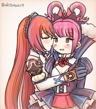 Rule 34 | 2girls, ahiiirqua15, blue dress, blue hair, blush, breasts, cape, cleavage, closed eyes, dress, facial mark, female alear (fire emblem), fire emblem, fire emblem engage, hair rings, heart, heart facial mark, hortensia (fire emblem), hug, long hair, looking at another, multicolored hair, multiple girls, nintendo, open mouth, red hair, short hair, small breasts, twitter username, two-tone hair, very long hair, white background, yuri