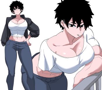 1girl abs amputee arm_support biceps black_eyes black_hair black_jacket blue_pants breasts closed_mouth crop_top full_body hand_on_own_hip highres jacket jewelry large_breasts looking_at_viewer missing_limb muscular muscular_female nasu_(ilo_a5) original pants shirt short_hair solo unlit_cigarette_in_mouth white_shirt